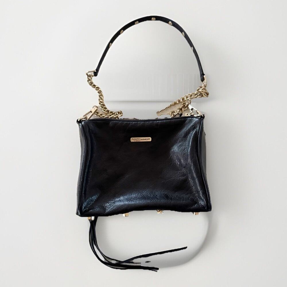 Rebecca Minkoff Black Soft Leather Zip Crossbody Gold Chain Strap Studs‎ Club